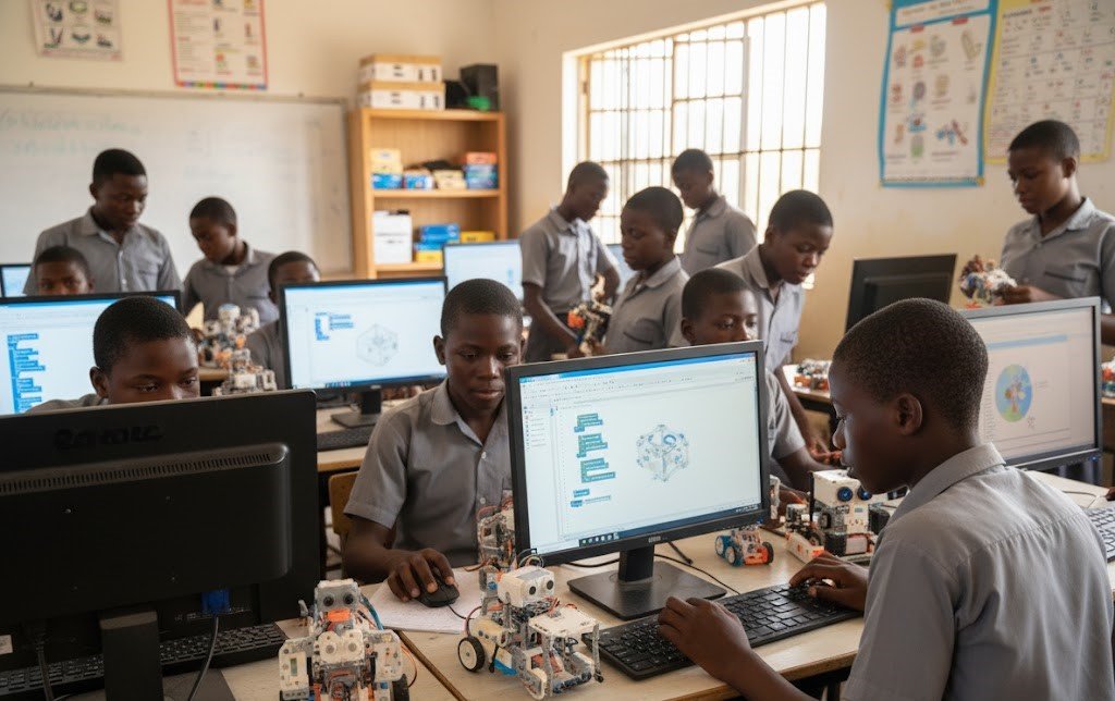 Élèves en atelier robotique et informatique